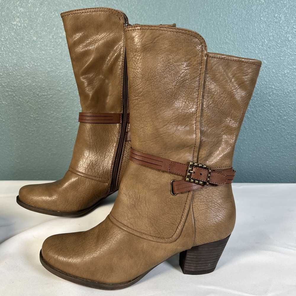 Baretraps Mid Calf Roxie Heeled Boots Womens Faux Leather Zip Buckle Cowgirl 9.5